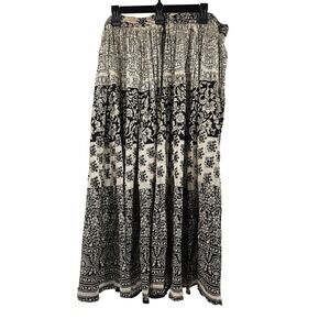 Vintage Boho Block Print Maxi Skirt Black Cream Peasant Hippie Festival Size S